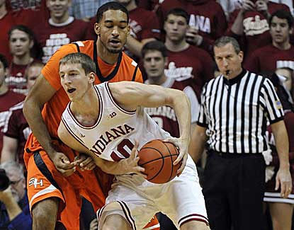 Indiana's Cody Zeller works down low in the Hoosiers' blowout win over Sam Houston State. (AP)