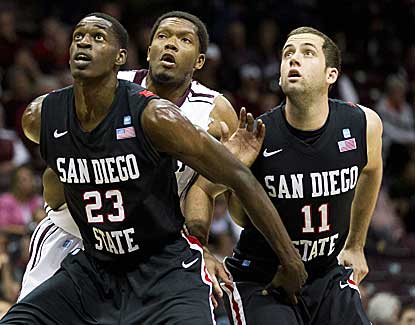 San Diego State's Deshawn Stephens, left, and James Rahon box out Missouri State's Gavin Thurman. (AP)