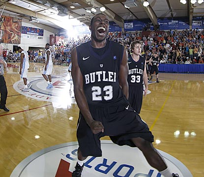 It's not March Madness yet, but Khyle Marshall and Butler celebrate like bracket busters after knocking off North Carolina.  (US Presswire)
