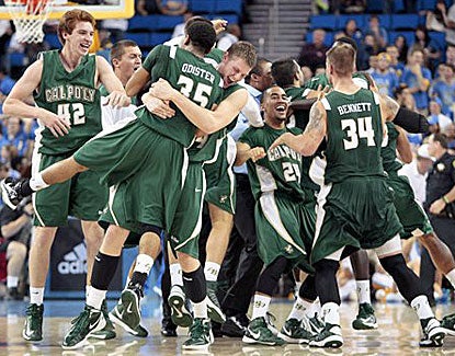 Cal Poly players celebrate after defeating UCLA on Sunday. It was the highest-ranked team ever defeated by Cal Poly. (AP)