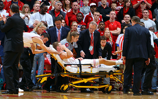Etherington is wheeled off late in the first half of Indiana's win over CCSU. (US Presswire)