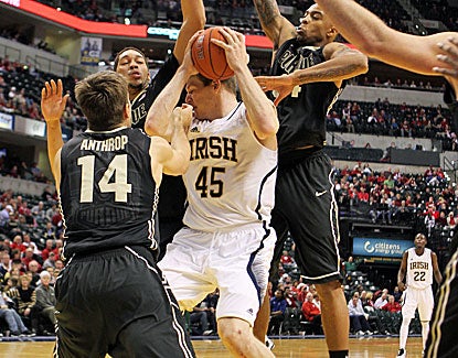 Notre Dame forward Jack Cooley scores 18 points in just 27 minutes of play for the Irish against Purdue. (US Presswire)
