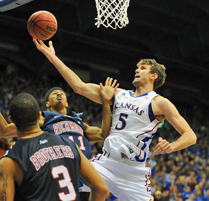 Jeff Withey has his way in the post against Richmond, scoring 17 points and grabbing 13 rebounds.  (US Presswire)