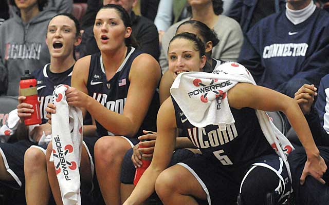 The UConn bench is full of smiles as the No. 2 Huskies close out a 61-35 win over No. 1 Stanford. (Getty Images)