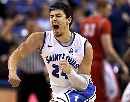 Saint Louis' Cody Ellis celebrates after a bucket in the Billikens' upset win over New Mexico. (AP)