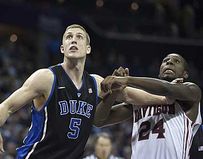 Duke's Mason Plumlee scores 8 of his 10 points in the second half as the Blue Devils pull away from Davidson. (US Presswire)