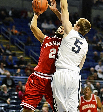 Indiana's Christian Watford (left) looks to score two of his 16 points as Penn State's Donovon Jack defends. (AP)