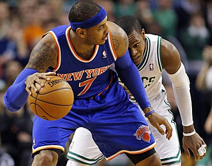 New York's All-Star forward Carmelo Anthony scores 28 points in the Knicks' win over Boston. (US Presswire)