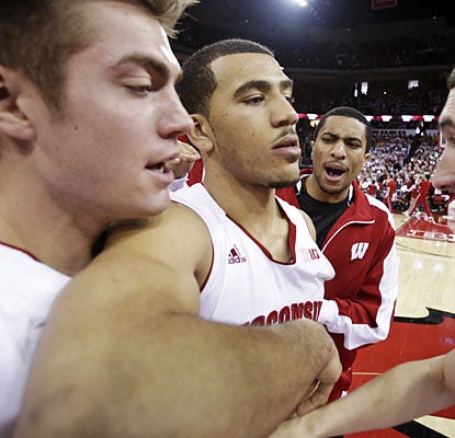 Traevon Jackson celebrates after beating the shot clock to make the game-winning basket for Wisconsin.  (AP)