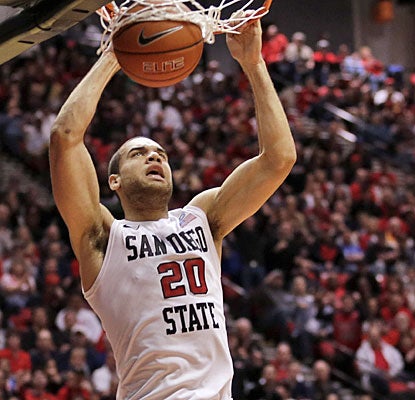 JJ O'Brien slams home two of his team-high 12 points as San Diego State stays in the Mountain West picture.  (AP)