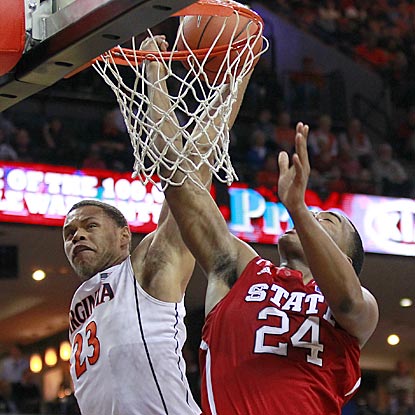 Justin Anderson (23) blocks T.J. Warren's shot in the second half and helps Virginia stifle the ACC's top offense.  (US Presswire)