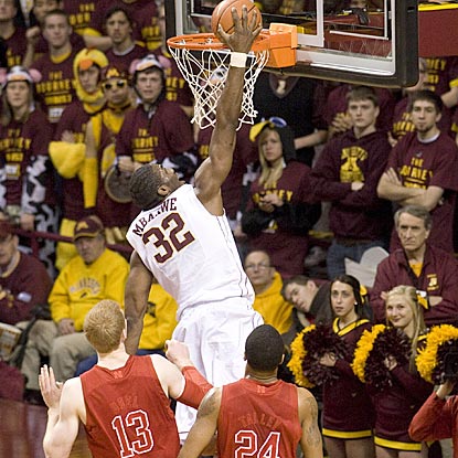 Minnesota's Trevor Mbakwe, who grabs a game-high eight rebounds, scores a rather easy bucket in the first half.  (US Presswire)