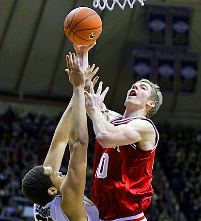 Cody Zeller (right) goes up for two of his 19 points. Zeller scores 13 of his points in the first half in a win over Purdue. (AP)