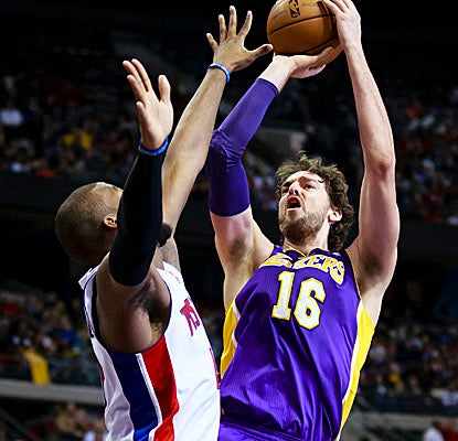 Pau Gasol doubles up with 23 points and 10 rebounds Sunday, but his defense helps the Lakers nip Detroit. (US Presswire)