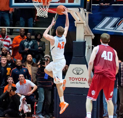 Tyler Griffey is all alone as he sinks the game-winning layup just before the buzzer to beat Indiana.  (US Presswire)