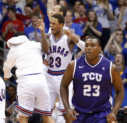 Devonta Abron and the Horned Frogs are in no mood to celebrate after getting squashed by the Jayhawks. (AP)
