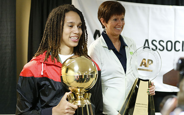 Baylor star Brittney Griner and Notre Dame coach Muffet McGraw show off their AP trophies. (USATSI)