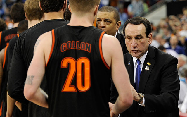 Coach K did the handshake line on the court, then had kind words in the Mercer locker room. (Getty Images)
