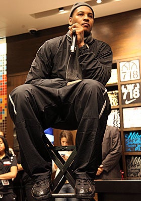 Melo shines in the Big Apple, launching his Jordan Brand Melo M7 shoes at the House of Hoops in Harlem on Saturday. (Getty Images)