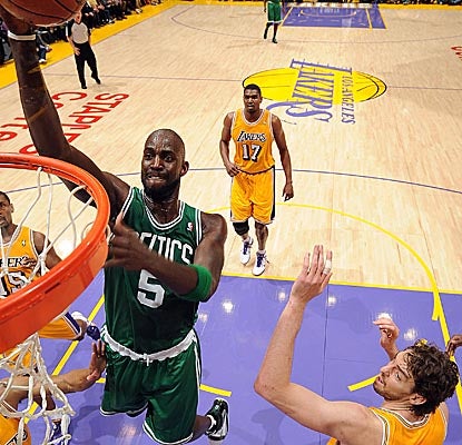 Sporting a butterfly bandage on his head most of the game, Kevin Garnett racks up a double-double Sunday. (Getty Images)
