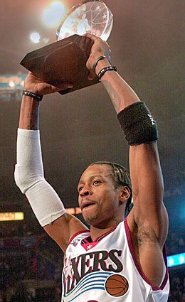 Allen Iverson reached the pinnacle in 2001, winning All-Star Game MVP, league MVP and his second NBA scoring title. (Getty Images)