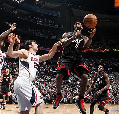 LeBron James gets in the paint for two of his 34 points in the Heat's win in Atlanta. (Getty Images)