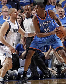 Jason Kidd more than holds his own against Kevin Durant, despite the considerable age difference. (Getty Images)