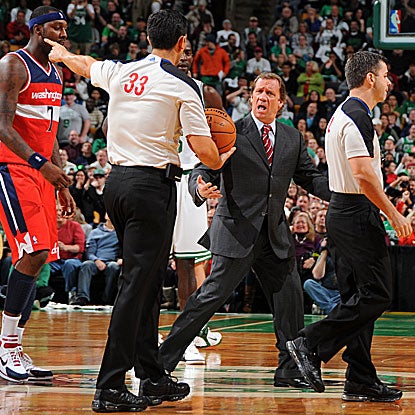Head coach Flip Saunders is ejected 1:46 into the game against the Celtics as his Wizards fall to 0-5. (Getty Images)