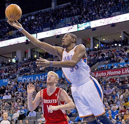 Kevin Durant drops 26 points as the Thunder embark on a stretch of five games in six nights with a win.   (US Presswire)