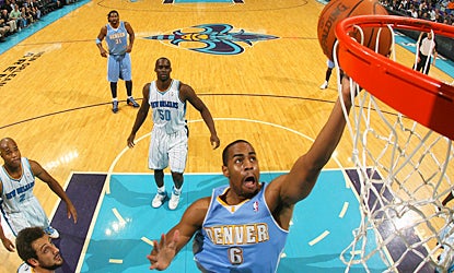 Arron Affalo scores 13 points -- one of five in double digits for Denver -- against the Hornets. (Getty Images)
