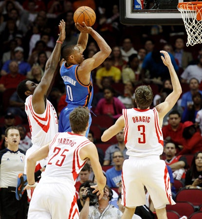 Thunder point guard Russell Westbrook adds 25 points and six assists in a close one at Houston. (AP)