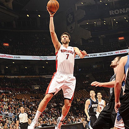 The Raptors' Andrea Bargnani punishes the Wolves with 31 points and nine rebounds. (Getty Images)