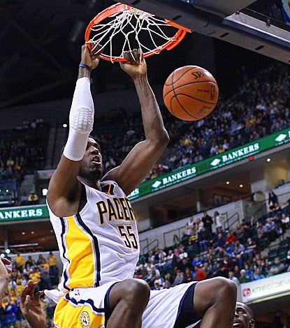 The Pacers' Roy Hibbert slams the Celtics for 11 points and nine rebounds. (US Presswire)