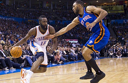 James Harden gives the Thunder a great effort off the bench, scoring 24 points against the Knicks. (US Presswire)