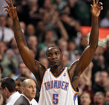 Oklahoma City's Kendrick Perkins scores seven points and grabs five boards in an emotional return to Boston.  (Getty Images)