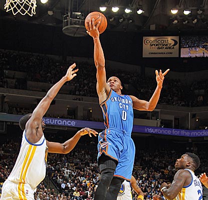 The Warriors have no answer for Russell Westbrook, who gets into the lane at will and forces Steph Curry into foul trouble.  (Getty Images)