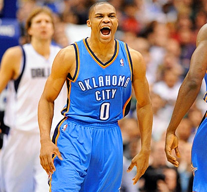 The Thunder's Russell Westbrook celebrates after a dunk against the Mavs in the second quarter. (US Presswire)