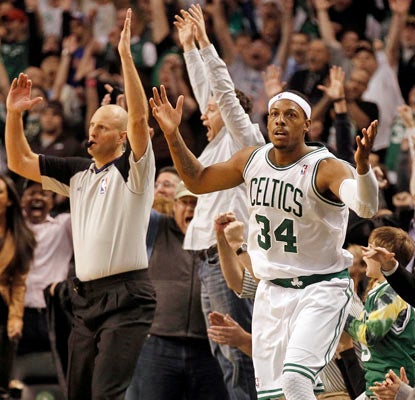 Paul Pierce's desperation 3-pointer is waived off, but the Celtics are able to survive the Knicks anyway.  (AP)
