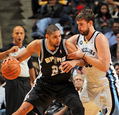 Marc Gasol struggles to slow down Tim Duncan, who puts up 19 points -- including 13 in the second half -- and 17 rebounds. (Getty Images)