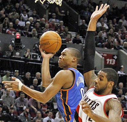 Russell Westbrook is tough to defend as he hurts the Blazers with 28 points, 11 rebounds and eight assists. (AP)