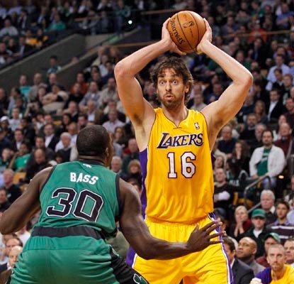 Pau Gasol does it all for the Lakers, gathering 25 points, 14 rebounds and one game-clinching block in overtime.  (US Presswire)