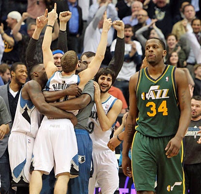 Luke Ridnour connects at the buzzer to help Minnesota seal a 16-point comeback in the fourth against Utah. (US Presswire)