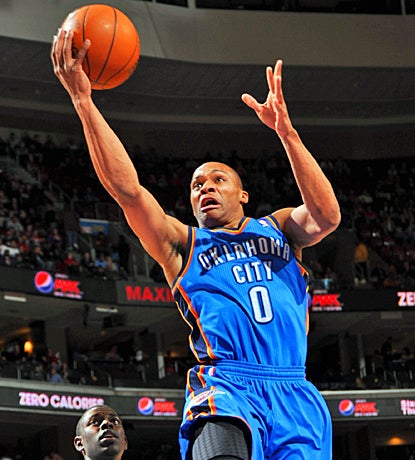 Russell Westbrook gets 22 points with 13 rebounds for his first double-double since February 6. (Getty Images)