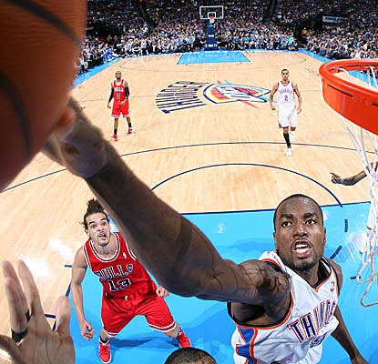 Serge Ibaka is a beast in the paint, with five of the Thunder's nine blocked shots vs. the Bulls. (Getty Images)