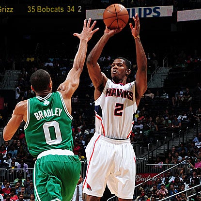 In what's likely a first-round playoff matchup, Joe Johnson scores 30 points to lead the Hawks past the Celtics.  (Getty Images)