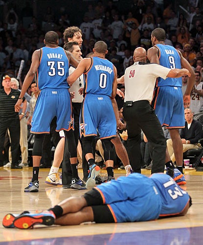 The Thunder lose James Harden, who takes a hard elbow, and later allow the Lakers to put together a season-best comeback.  (Getty Images)