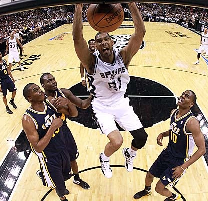 Tim Duncan chips in a double-double in the Spurs' Game 1 win, with 17 points and 11 rebounds. (Getty Images)