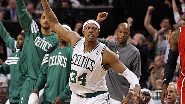 Paul Pierce reacts after hitting a 3-pointer in the Celtics' blowout victory. (US Presswire)