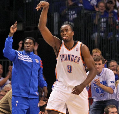 Serge Ibaka hits all 11 shots from the field and all four from the free-throw line for a career-high 26 points.  (US Presswire)