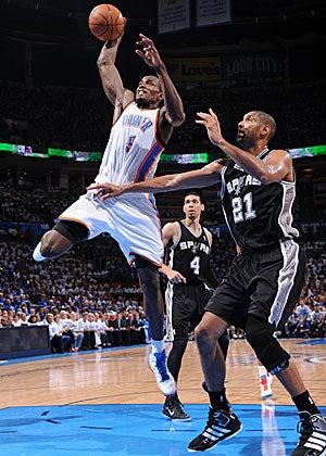 Tim Duncan spent a lot of time watching Serge Ibaka score in Game 4. (Getty Images)